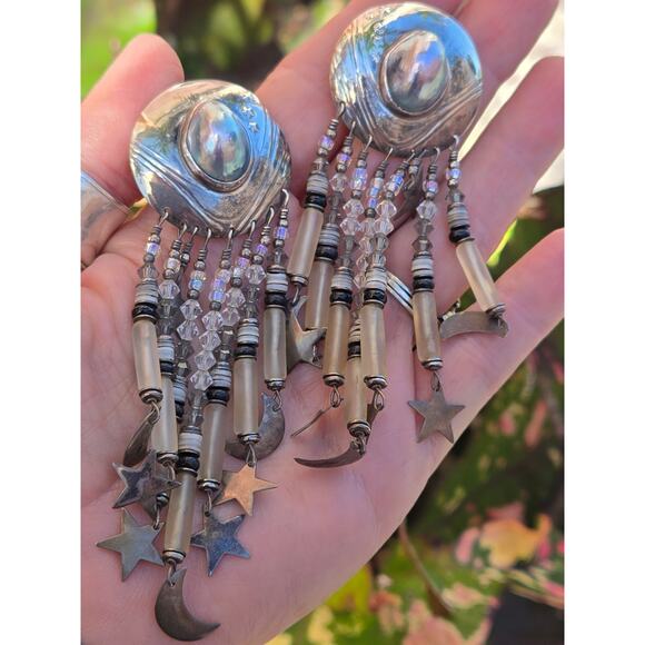 Vintage Tabra Sterling Silver Grey Pearl Celestial Statement Dangle Earrings 4" - Picture 7 of 10